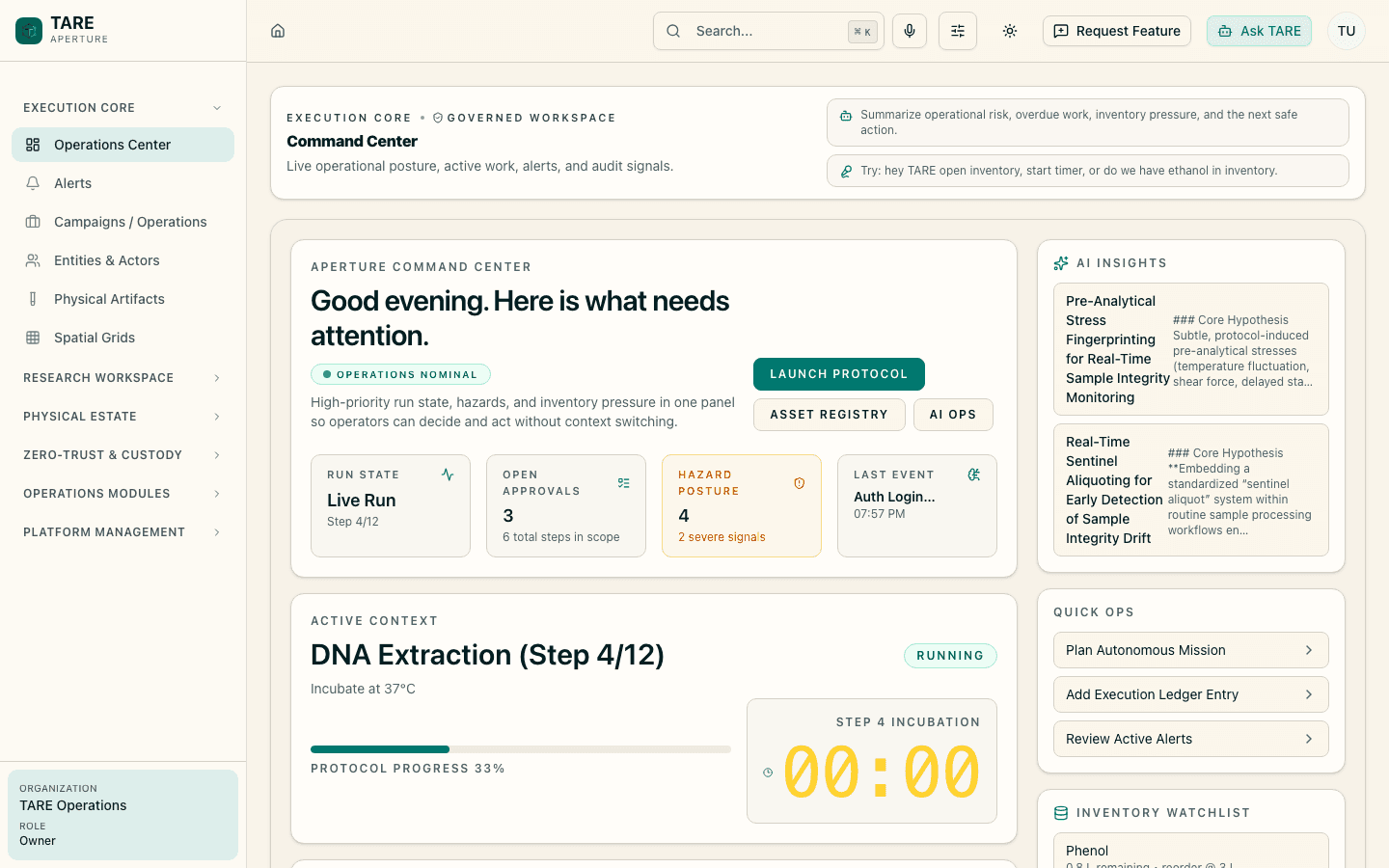 TARE light-mode dashboard workspace