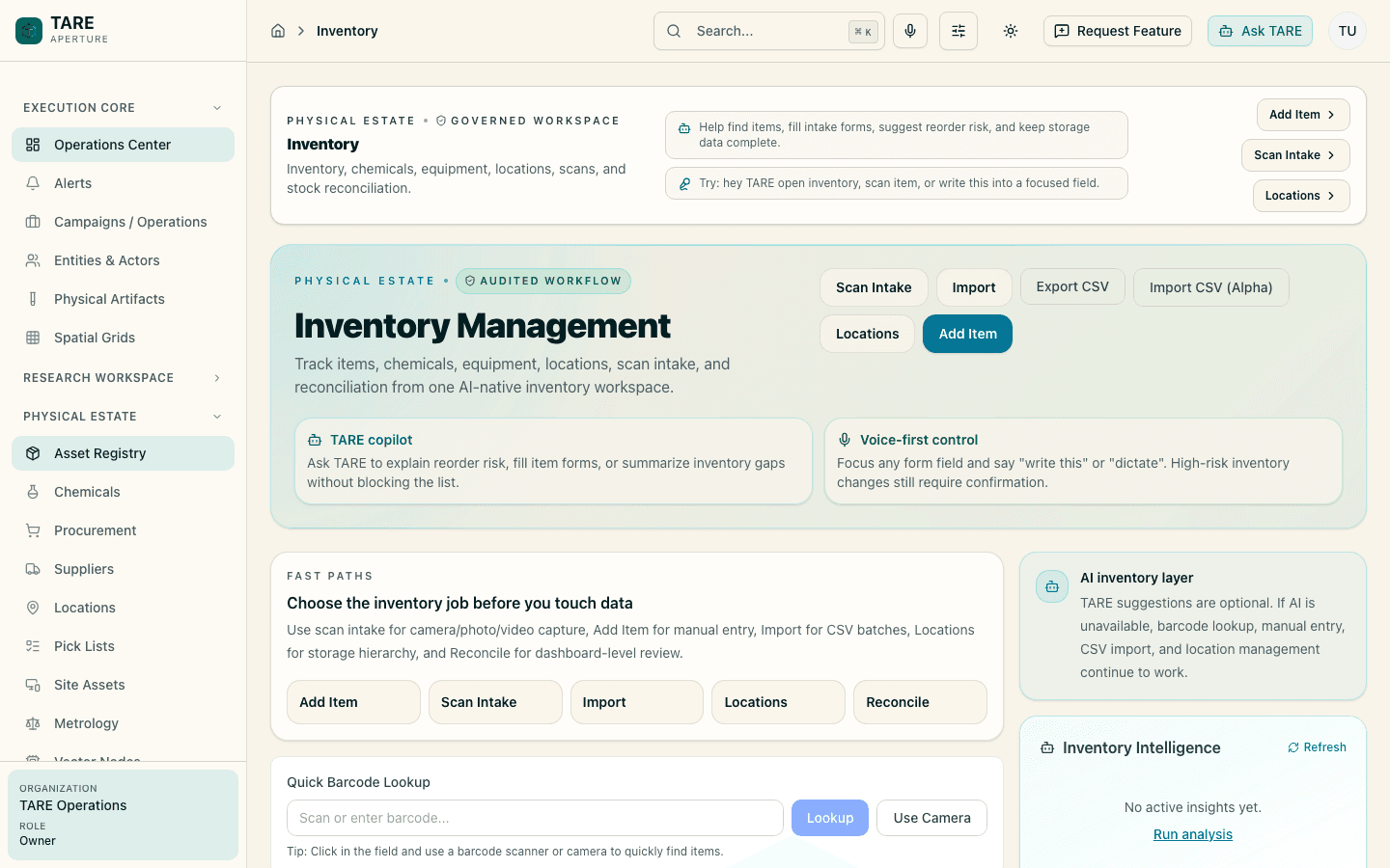 TARE light-mode inventory and materials screen