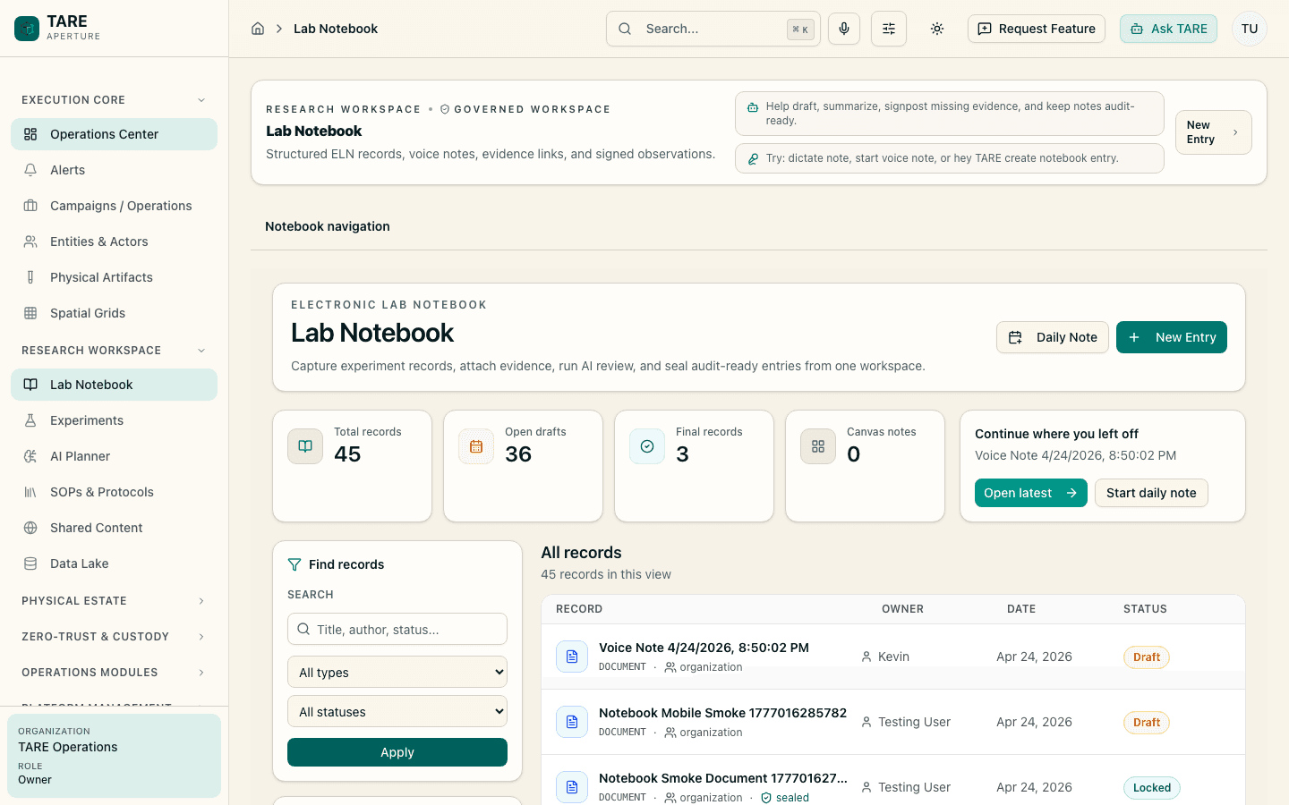 TARE light-mode lab notebook screen