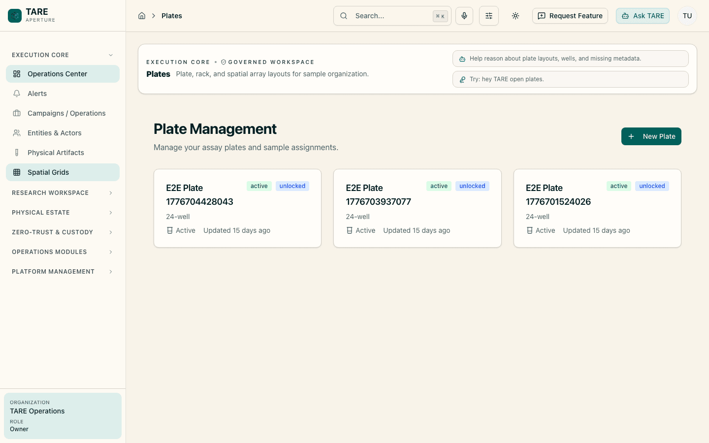 TARE light-mode plate workflow screen